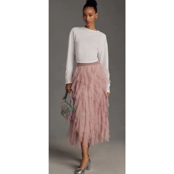 Anthropologie Midi Skirt Cheri Ruffle Tulle Elastic Waist Rose Plush Preppy M